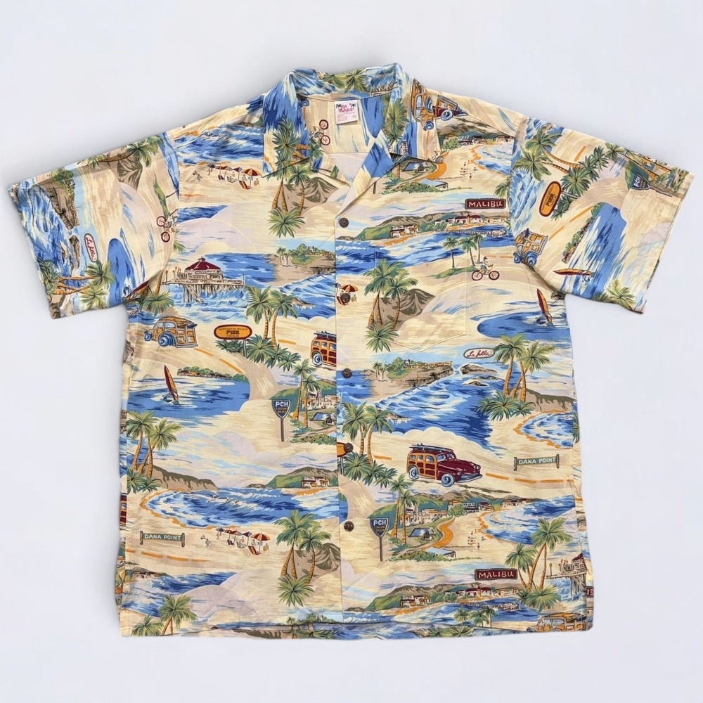 Go Barefoot Hawaiian Shirt Men's 2XL Yellow PCH California Scenic Woodie‎ Rayon